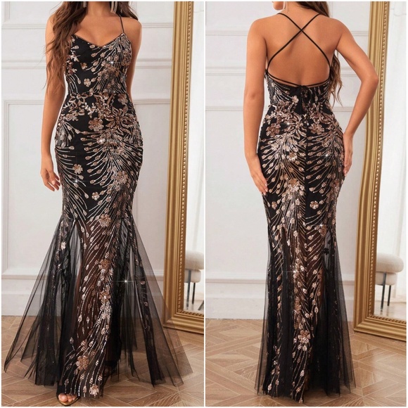Luxe Sequin Floral Criss Cross Backless Party Formal Wedding Dress